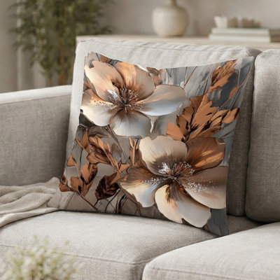 Modern Decorative Cushion - Metallic Copper And Chrome Abstract Flowers I Decorative Throw Pillow