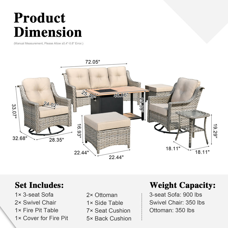 7 - Person Outdoor Seating Group With Cushions And Fire Pit, Beige
