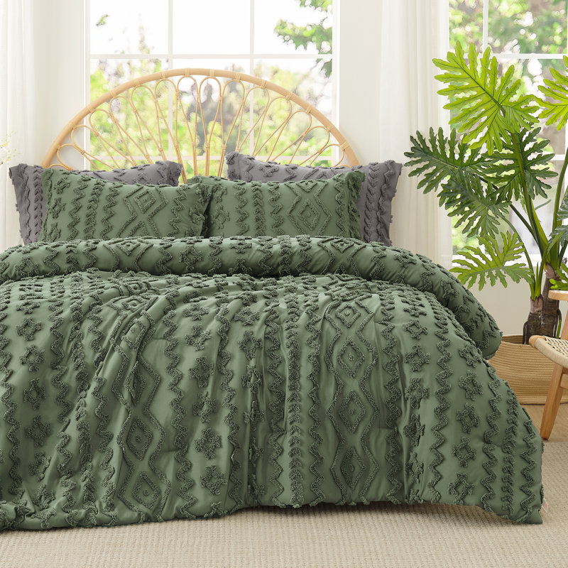 Ensemble d'édredon léger texturé Boho, Édredon Quen + 2 taies d'oreiller standard, Vert