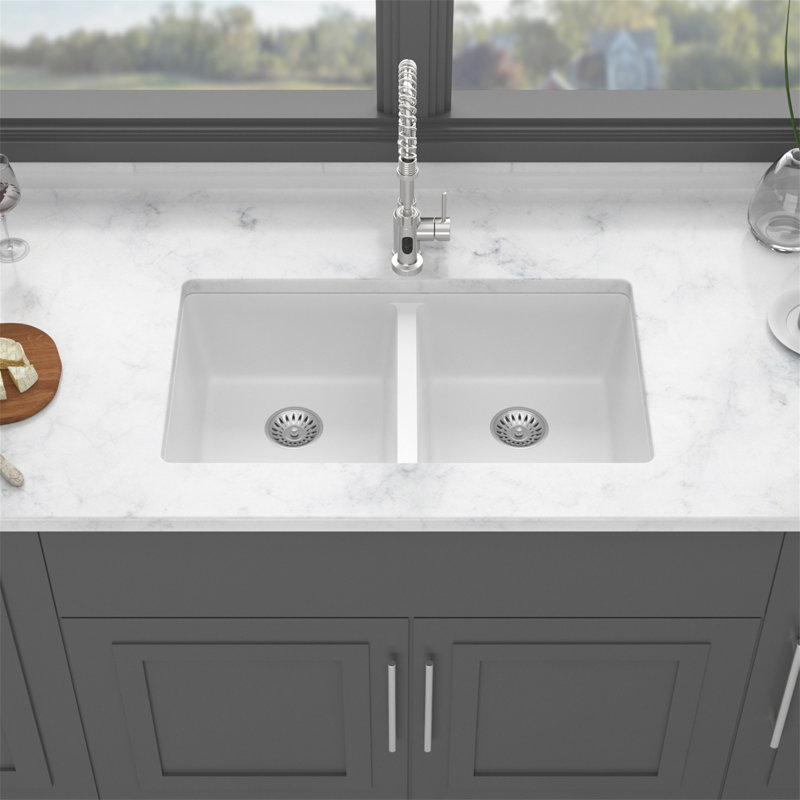 Quartz Kitchen Sink - 33X19" White Granite Composite Undermount Kitchen Sink Double Bowl(50/50)