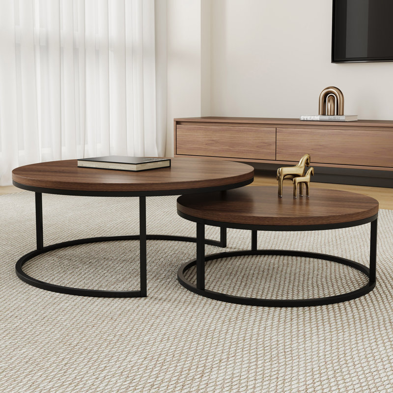 Modern Nesting Coffee Tables Set of 2, Round Walnut Wood Top with Black Metal Frame, Contemporary Living Room Tables, Brown