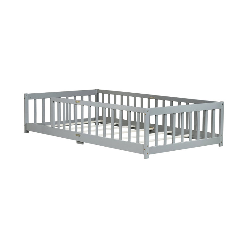 Grey Twin Floor Bed With Guardrails, Promotes Independence In Personal Space, 7 Strengthened Plywood Slats Fence, Multi - Functional Design For ' Sleep And Learning To Walk, Easy Installation
