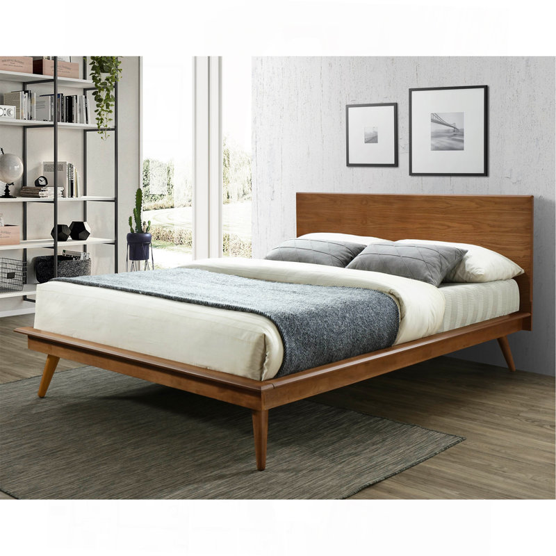Mobilier de chambre moderne en bois brun avec lit plateforme moderne et élégant, Grand lit