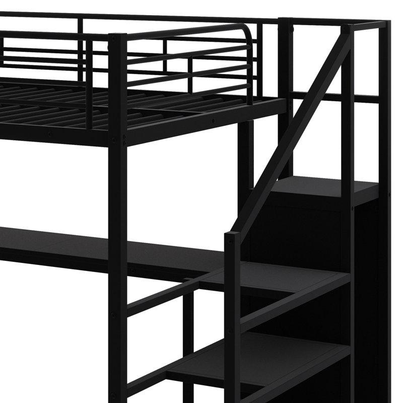 Lit mezzanine en métal avec bureau, escalier de rangement, petite armoire et lumière DEL