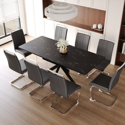 62.4" - 78.15" Extendable Dining For 6 8, + Metal, Black Gray, Captivating Show, With 8 Chairs Table, & Charming