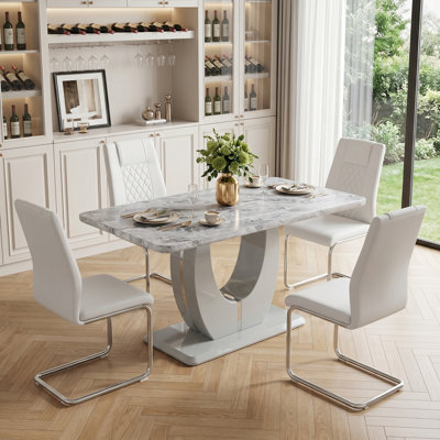 Holloman Modern Rectangular Marble Finish Dining Set with O-Shaped Pedestal and Faux Leather Chairs
