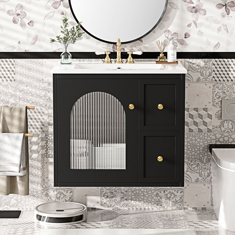 Meuble-lavabo mural avec lavabo en céramique, Noir