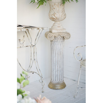 Meuble piédestal 13 po x 10 po x 31 po en magnésium blanc antique avec colonne nervurée et base dorée