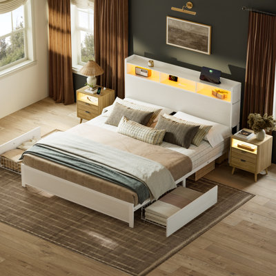 Ensemble de chambre à coucher 3 pièces, lit moderne avec 2 tiroirs et table de chevet 2 vagues