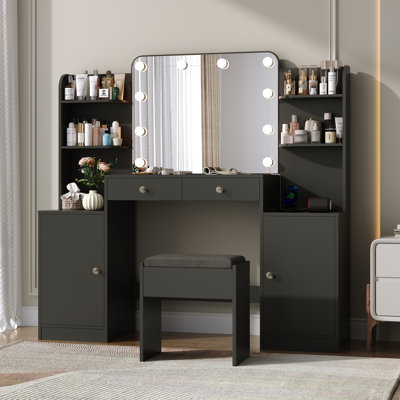 53" W Modern Large Vanity Desk With LED Lighted Mirror & Power Outlet, Dresser Table With 2 Drawers and 2 Cabinets For Bedroom