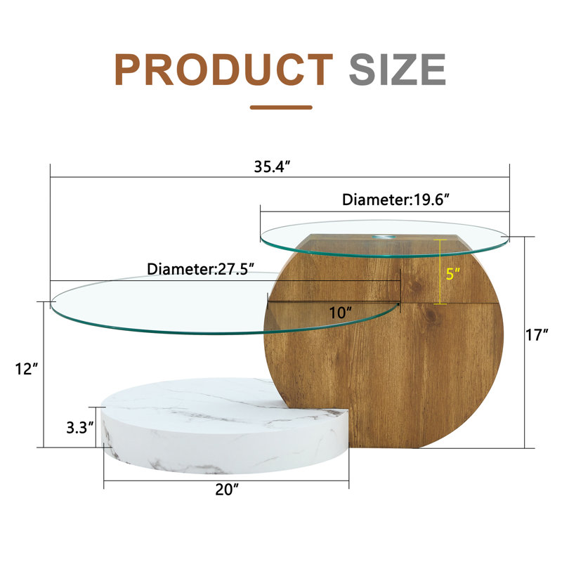 Table basse 35,4 "à plusieurs niveaux avec deux plateaux en verre trempé et une tablette inférieure, Blanc/naturel