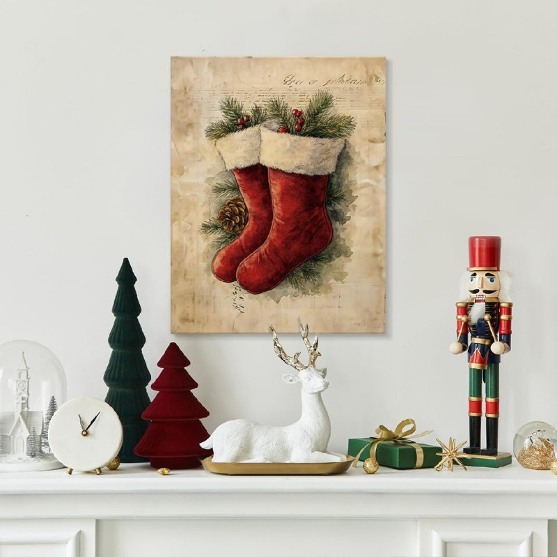 Chaussette de Noël rétro, thème esthétique d'hiver, art mural non encadré, 16 x 20