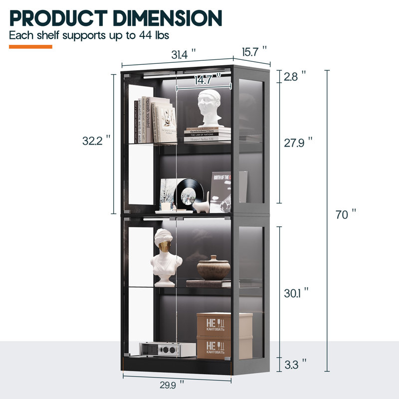 Vitrine RVB avec tablettes réglables en verre, étui de rangement à 4 niveaux avec lumières à DEL et portes à pression, tablette moderne pour objets de collection, noir 