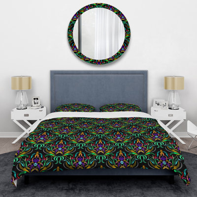 Green And Black Damask Polyester Damask Duvet Cover