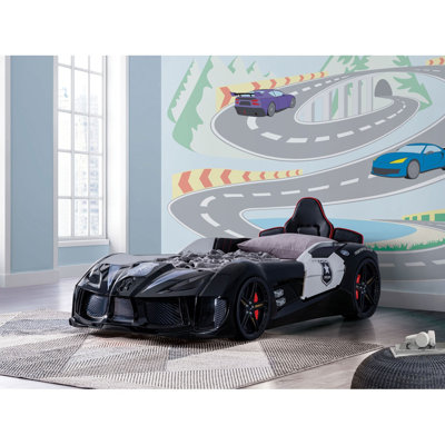 Modern Novelty Style Twin Size Police Car Bed Two Magnetic Doors LED On Wheels And Bottom Race Car Design Upholstery Headboard Black And White Finish