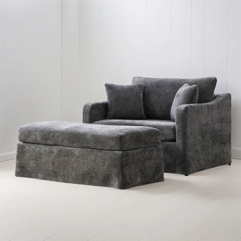 Fauteuil d'appoint surdimensionné de 45 po avec 2 coussins et repose-pieds; chenille, Gris anthracite