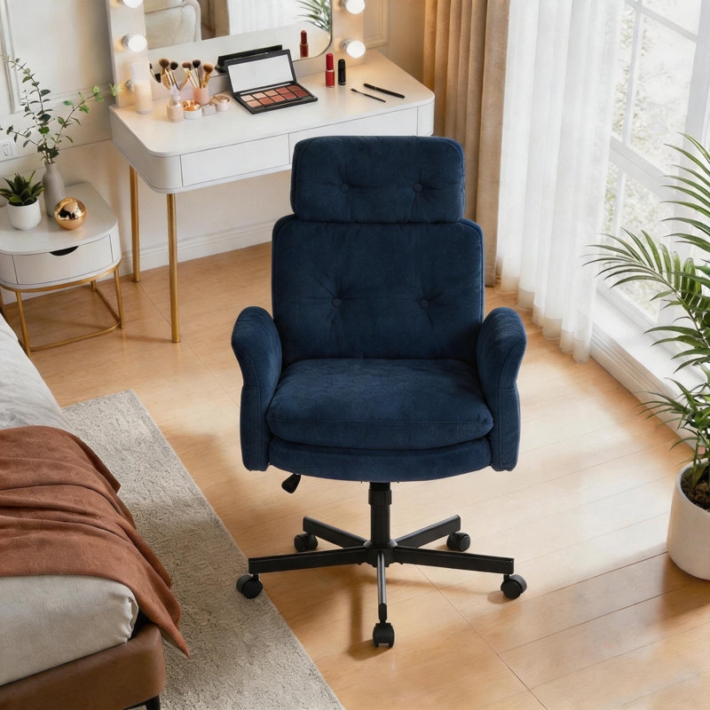 Criss Cross Vanity Chair With Flip Up Armrests, Comfortable Rolling Makeup Stool With Back Support And Wheels, Blue