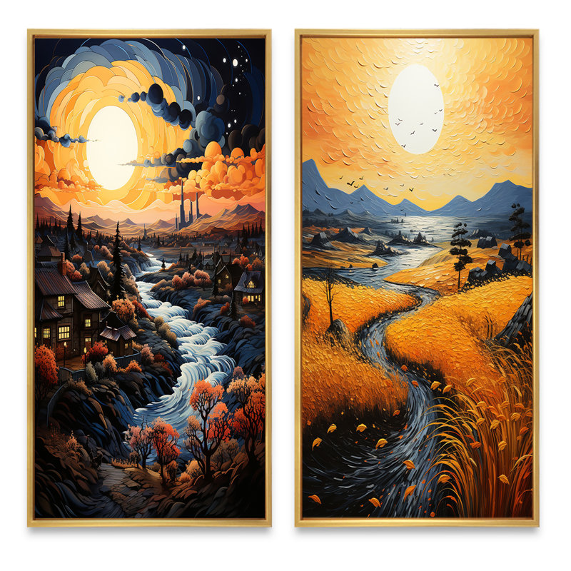«Vangogh Village At Sunset», 2 pièces, Encadrement doré, H 24 po x l 20 po