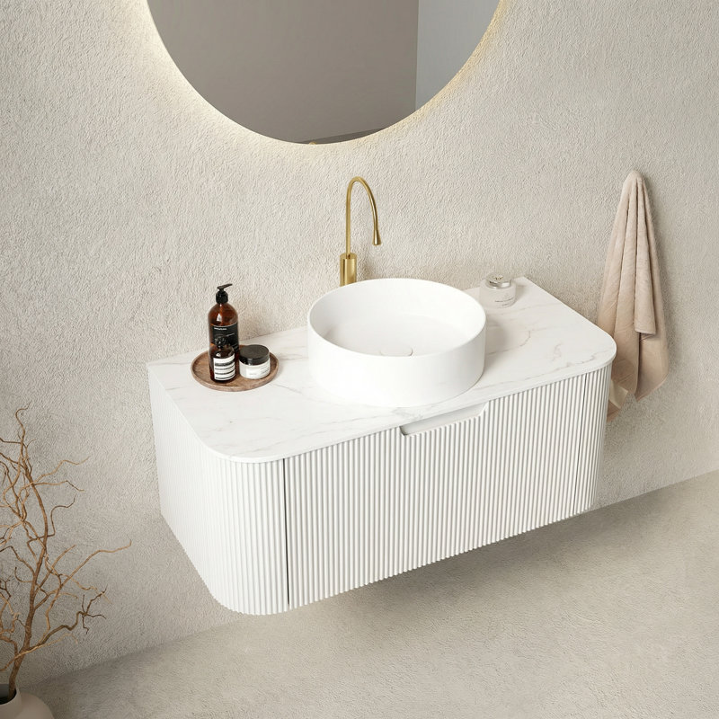 Ensemble de meuble-lavabo de 36 pouces, armoire de rangement flottante en contreplaqué avec lavabo rond en céramique blanche et comptoir en pierre frittée blanc de Carrare, blanc