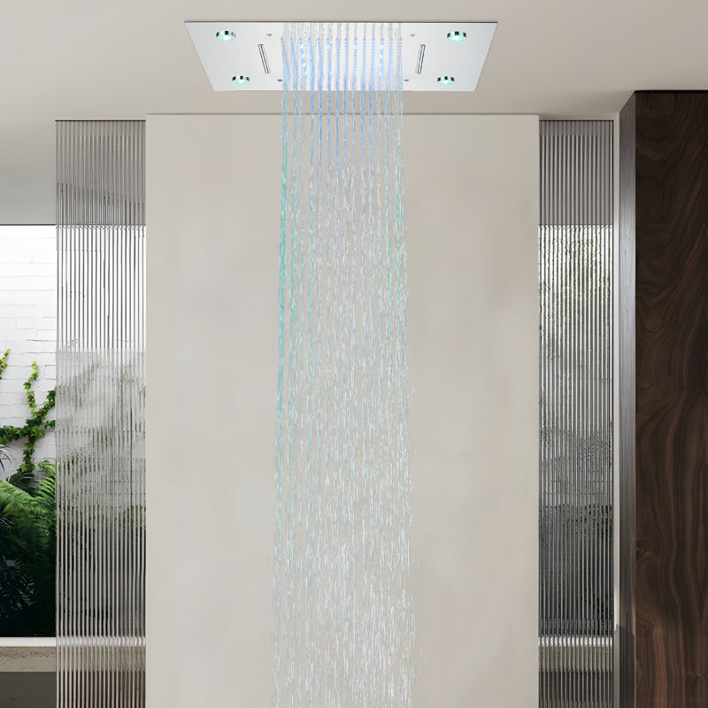 Pomme de douche de plafond rectangulaire 19 po x 14 po Mosson, douche à pluie à DEL en chrome poli avec télécommande, mode double jet