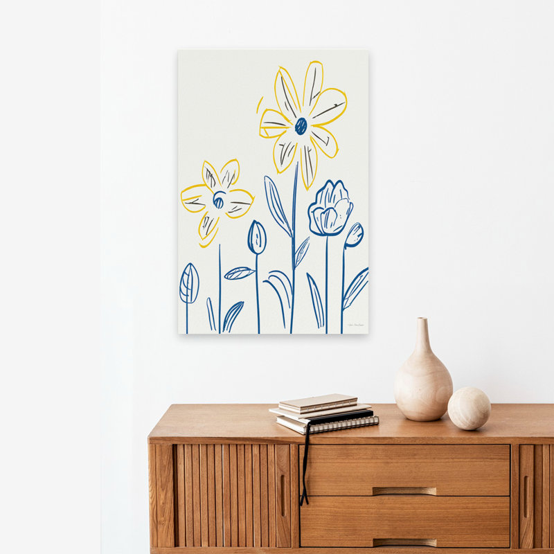 Floral harmonie - fleurs jaunes minimalistes contemporaines, tiges bleues, art, H 24 po x l 16 po
