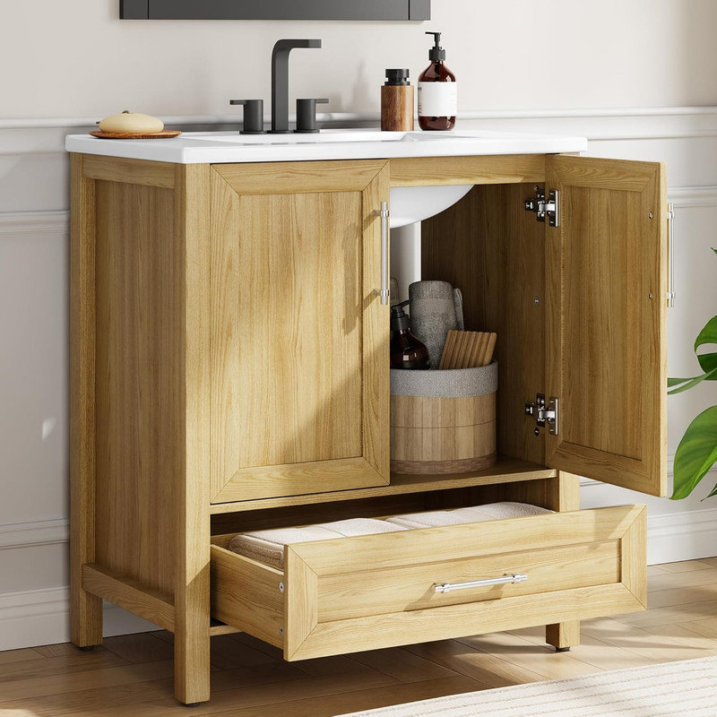 Meuble-lavabo sur pied 30 po avec lavabo, armoire en bois autoportante avec porte à fermeture douce pour petits espaces, bois naturel