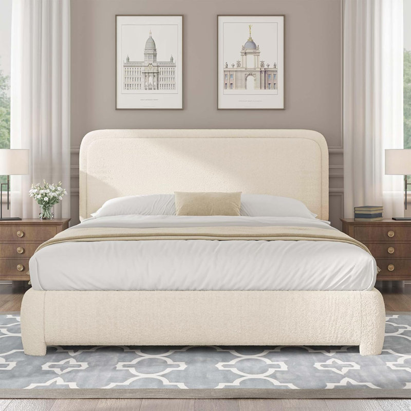 Boucle Upholstered Bed Frame  Soft Rounded Corners Headboard Low Profile Bed Frame No Box Spring Needed, Beige, Queen