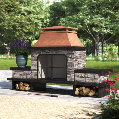 Sunjoy Quillen Outdoor Fireplace, Patio Wood Burning Fireplace with Steel Chimney, Mesh Spark Screen Doors and Fire Poker