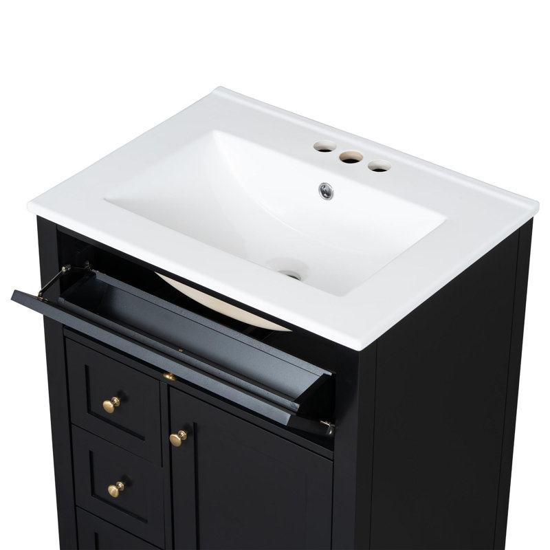 Meuble-lavabo simple 24 po avec lavabo, Noir, Doré