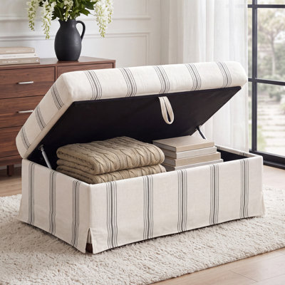 40.2" Large Chenille Ottoman with Storage, Upholstered Coastal Rectangular Footrest Stool with Safety Hinge for Living Room, Bed End, Entryway, Hallway, Stripe