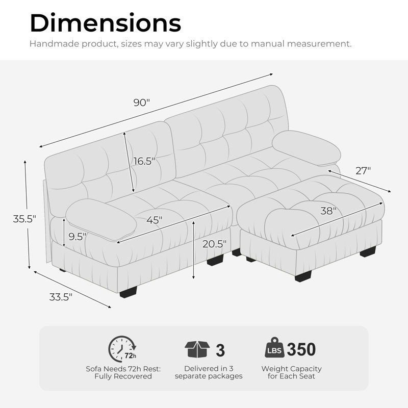 Modular Sectional Couch With Ottoman, 3-Seater Modern L-Shaped Sofa Couches, Comfy Chenille Sofa-Gray, Gray Chenille