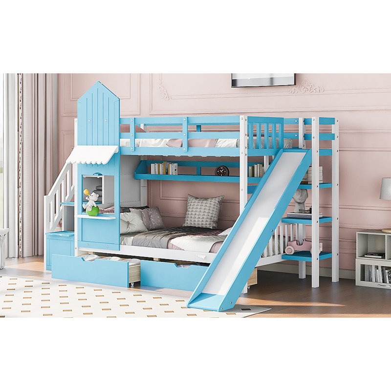 Lit superposé de style château avec 2 tiroirs, 3 tablettes et glissade, Simple sur simple, Bleu