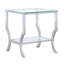 - Enduit, table de bout carrée en verre, armoires, tablettes, tables à surface réfléchissante, pieds d'aspect fluide