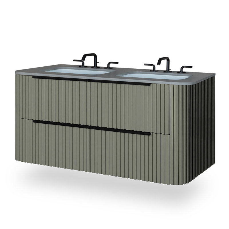 Flutti 48" Double Sink Vanity, Matte Black, White Oak, Stone Bianco/1 Center Faucet Hole
