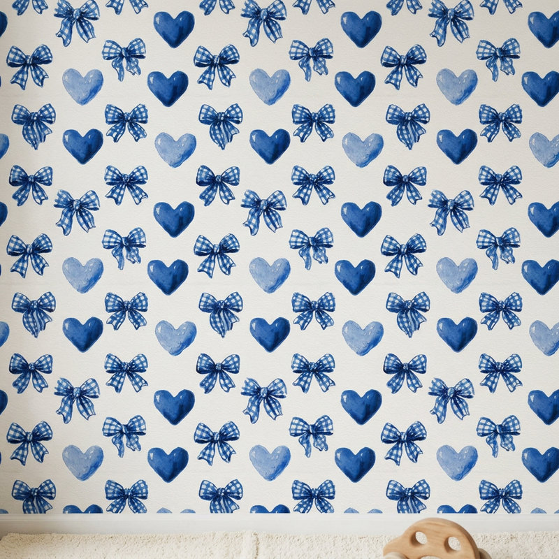 Papier peint aquarelle, ruban bleu et vichy, décoration murale amovible, Non tissé, non collé