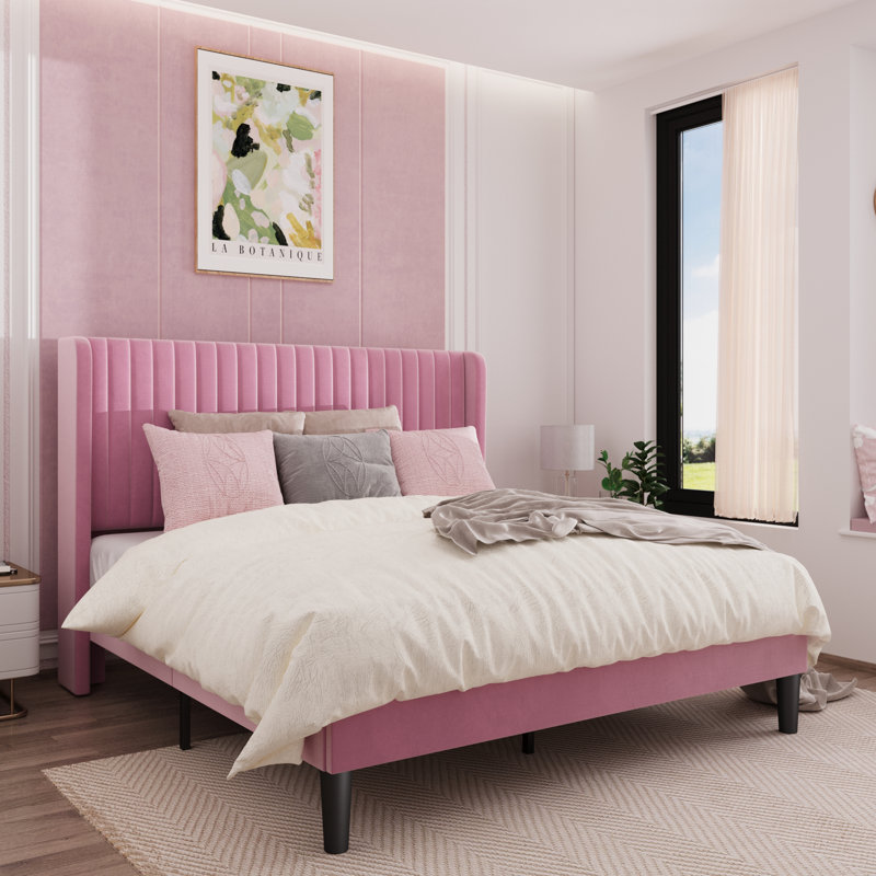 Elegant Pink Velvet Queen Bed with Tufted Wingback Headboard
