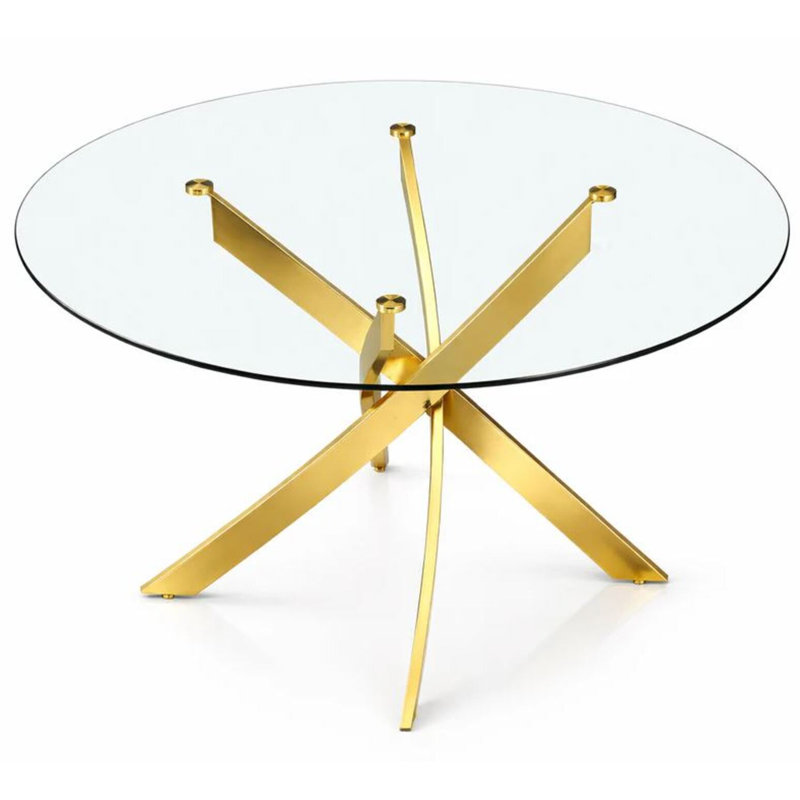  Modern 47" Round Glass Dining Table with Sculptural Metal Base – Seats 4, Gold Finish, Gold, 47'' L x 47'' W
