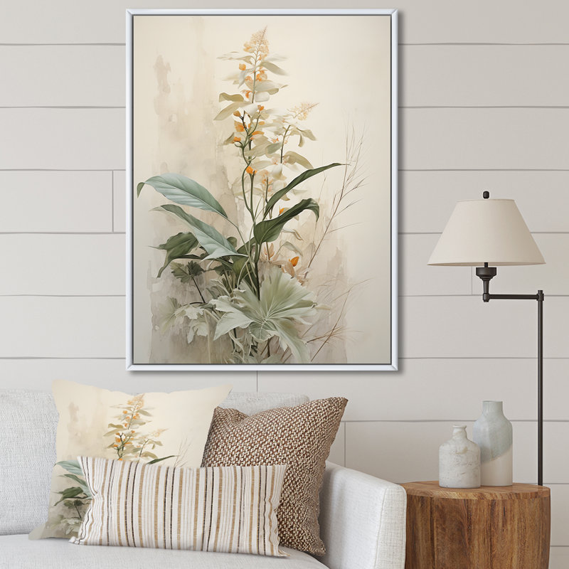 «Beige minimalisme botanique sérénité II», reproduction sur toile, Cadre flottant blanc, H 40 po x l 30 po x P 1,5 po