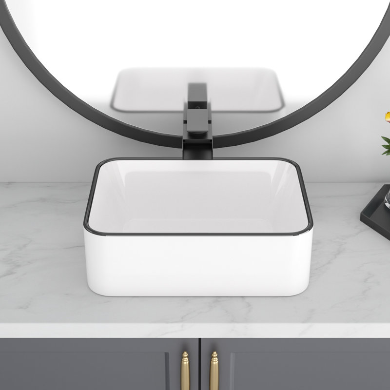 Lavabo vasque de salle de bain rectangulaire en argile réfractaire 16 po Lofeyo, Blanc pur / noir