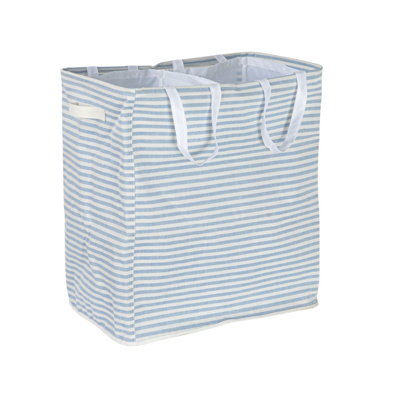 Blue and White Striped Rectangular Double Laundry Sorter with Handles