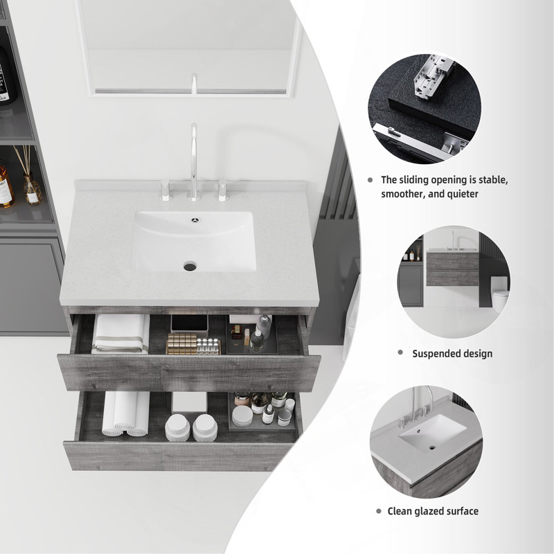 Meuble-lavabo suspendu de 76 cm avec lavabo, tiroir à fermeture amortie, comptoir et dosseret en marbre synthétique blanc granité de 5 cm, contreplaqué