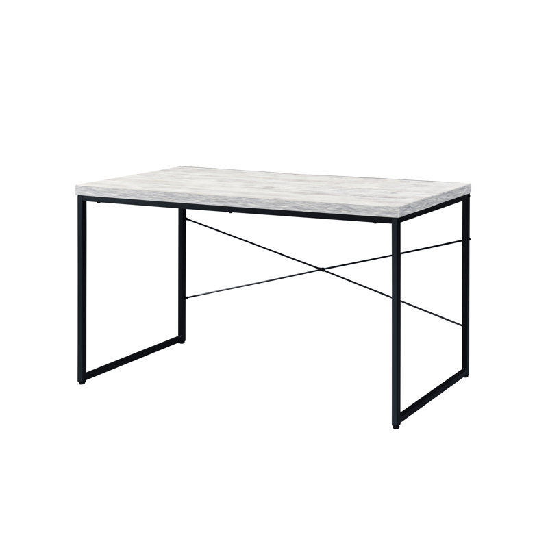 Bureau d'écriture d'inspiration industrielle avec plateau rectangulaire en bois et traîneau en métal blanc antique et bois de saveur noire
