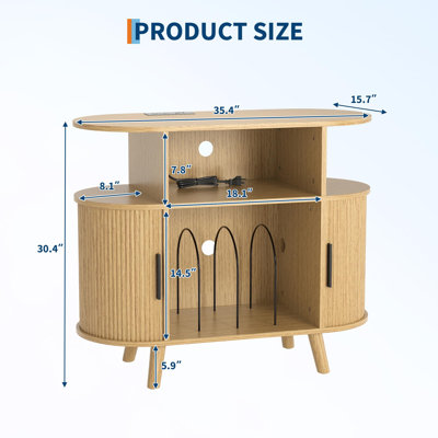 Fluted Mid Century Modern Turntable Cabinet 35 Inch, Large Round Record Player Stand with Charging Station and Display Shelf for Living Room