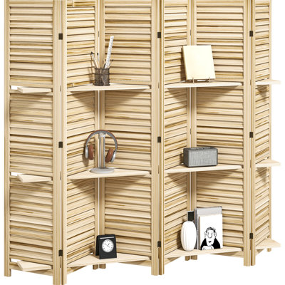 Paravent à 6 panneaux d'intimité pliable autoportant avec trois tablettes et repose-pieds surélevés en bois naturel