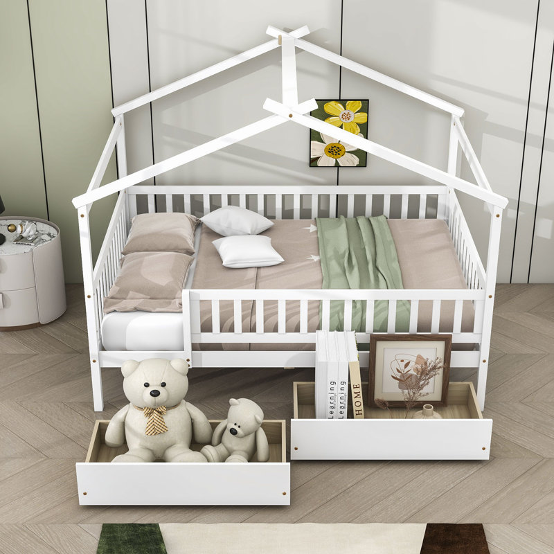Heulwen Two Drawers Wooden House Bed, Full, White