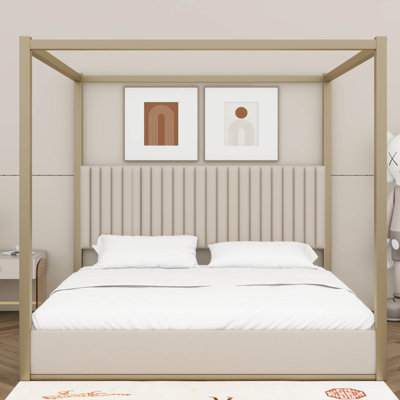 King Size 4-Poster Canopy Platform Bed With Headboard And Metal Frame, Platform Bed Frame With Strong Slats Support