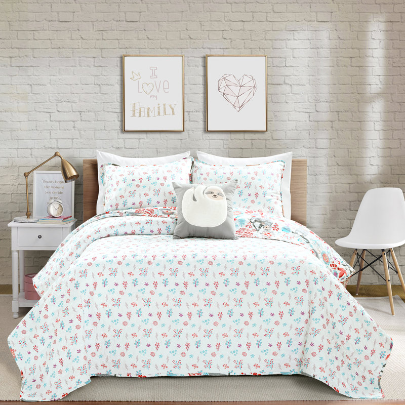 Ensemble de courtepointe réversible en microfibre Hygge Sloth, Courtepointe simple + 1 taie décorative standard, Blanc