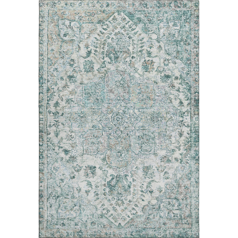 Premium Machine Washable Mayfield AMF2138 global Rug, Teal, 10' x 14'