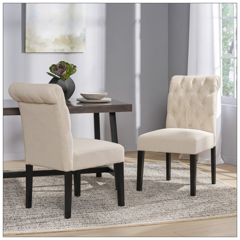 BROXTON Tufted Dining Rolltop Chairs Set Of 2, Elegant And Sturdy For Any Decor, Ivory Linen Upholstery With Espresso Legs.