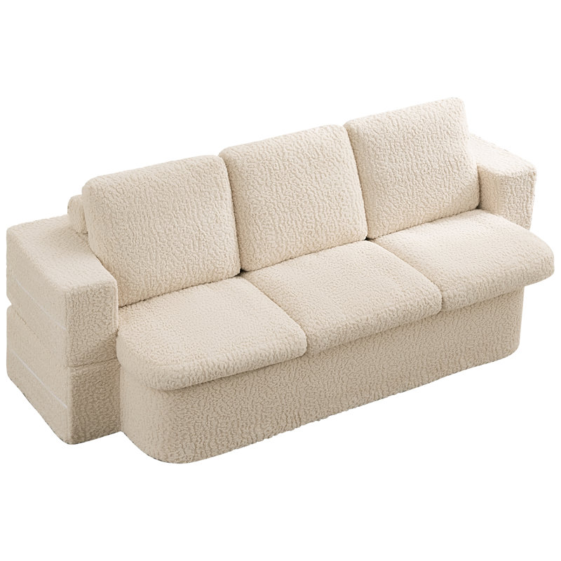 80" Convertible Folding Sofa Bed with Teddy Fabric, No Assembly Needed, Beige